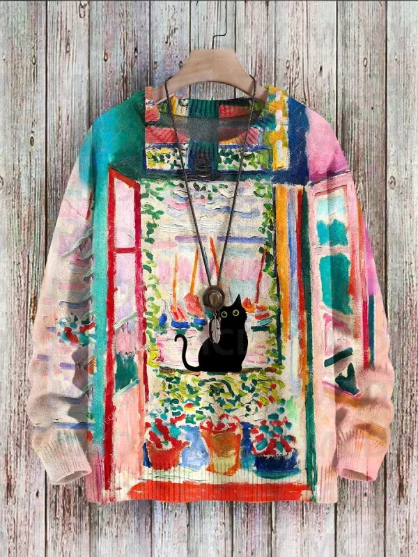 Corak Seni Burung Bunga Kucing Hitam yang comel Cetak Sweater Pullover Bersatu Kasual Sweater Klasik Pullover Lelaki Untuk Wanita