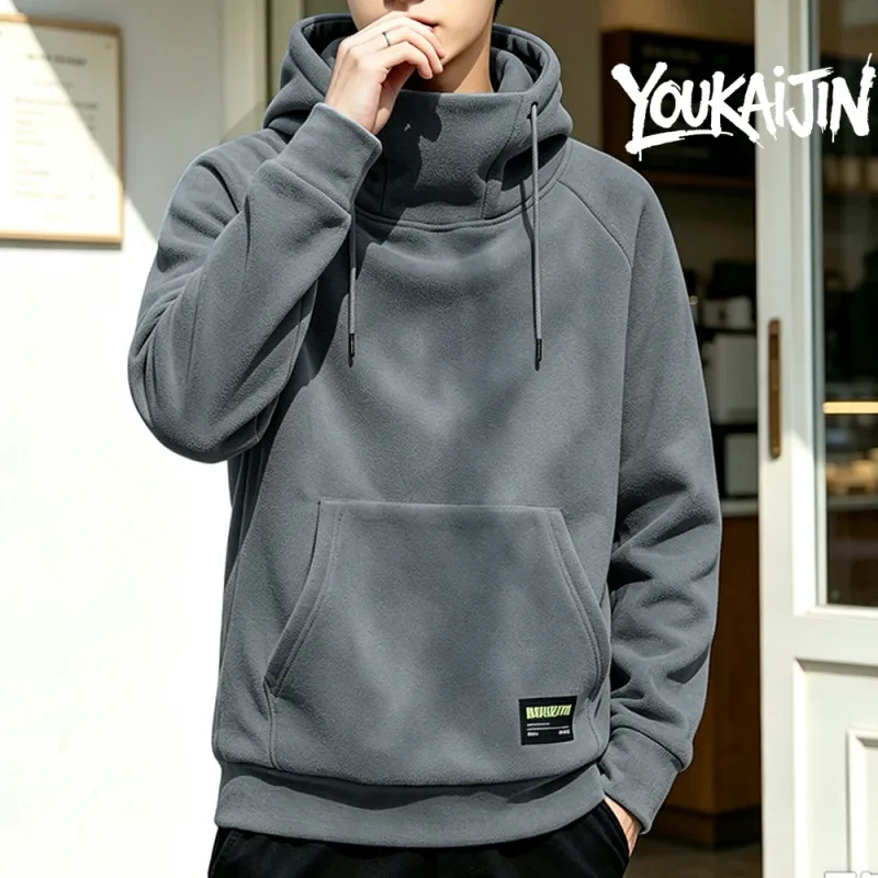 Men's Polar Fleece Sweatshirt Solid Color Street Style Autumn Winter Hood Sports Windproof Oversized High Collar Hoodie 5XL