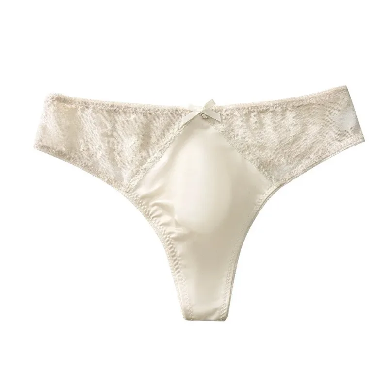 Men's Thong Underwear Made of 81.7% Polyester 18.3% Spandex Ice Silk Blend with Lace Trim and 3D Bulge Pouch Solid G String