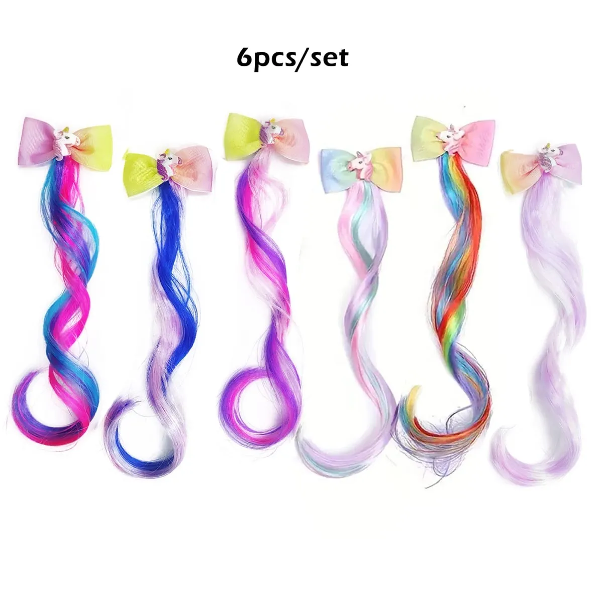 6pcs Clip in Curly Hair Extensions Rainbow Color Hairpieces with Cute Alligator Clip Bows for Girls-Great for Gifts Holidays