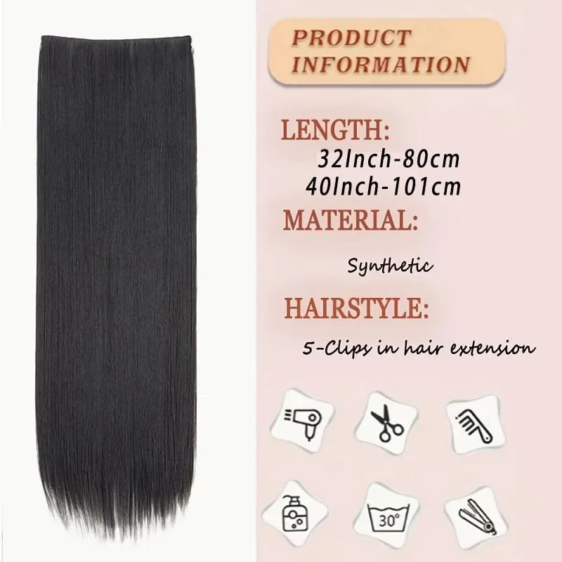 32Inch/40Inch Synthetic Long Straight 5 Clip‑in One Piece Hair Extensions Soft Easy Wear Hairpiece for Women Daily Party