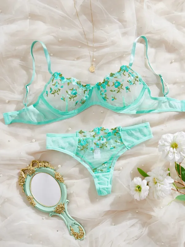 Fairy Yellow Lingerie Women Transparent Bralette 2 Piece Underwear Sets Floral Embroidery Bra Panty And Panty Set