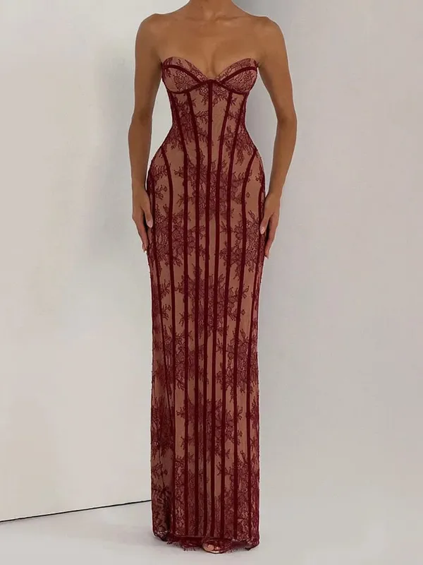 Women Backless Strapless Tulle Fishbone Dress Off Shoulder Printed Patchwork Slim Maxi Dresses 2026 Lady Chic Party Evening Gown