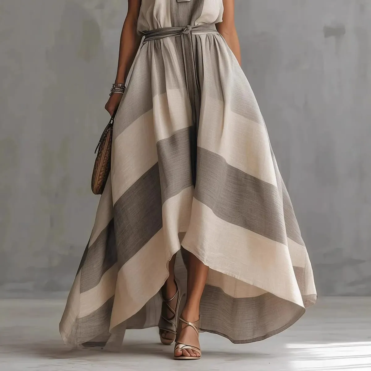 Summer New Irregular Maxi Dresses Women's Fashion O Neck Striped Sleeveless Big Hem Dress Casual Solid Loose Party Beach Dress