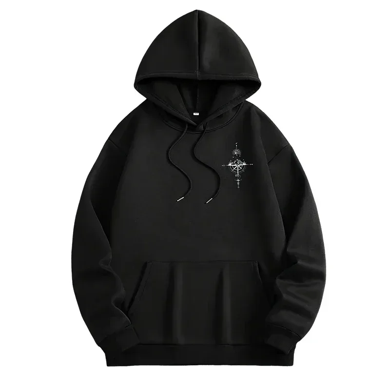 Vintage Compass Print Hoodies for Men High Quality Hooded Long Sleeve Pullover All Season Daily Casual Sports Tops Men's Clothes