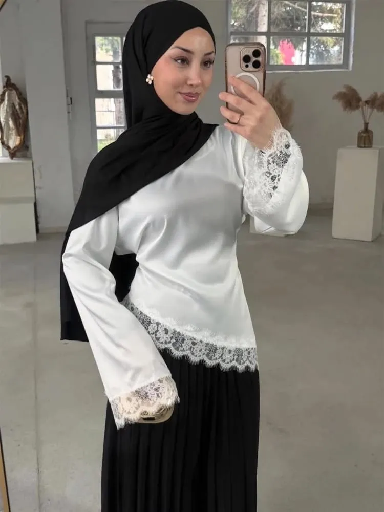 Women Elegant Lace Patchwork Lace-up Dress Solid Round Neck Full Sleeve Satin Loose Mini Dresses 2026 Spring Party Club Vestido — image 5