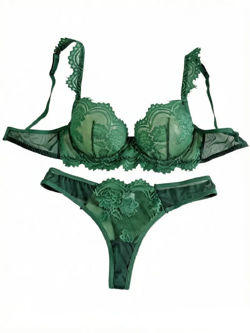 Sexy Vintage Green Eyelash Lace Lingerie Set Ladies Sheer Mesh Underwire Bra Thong Nightwear 2‑Piece S‑XL — image 2
