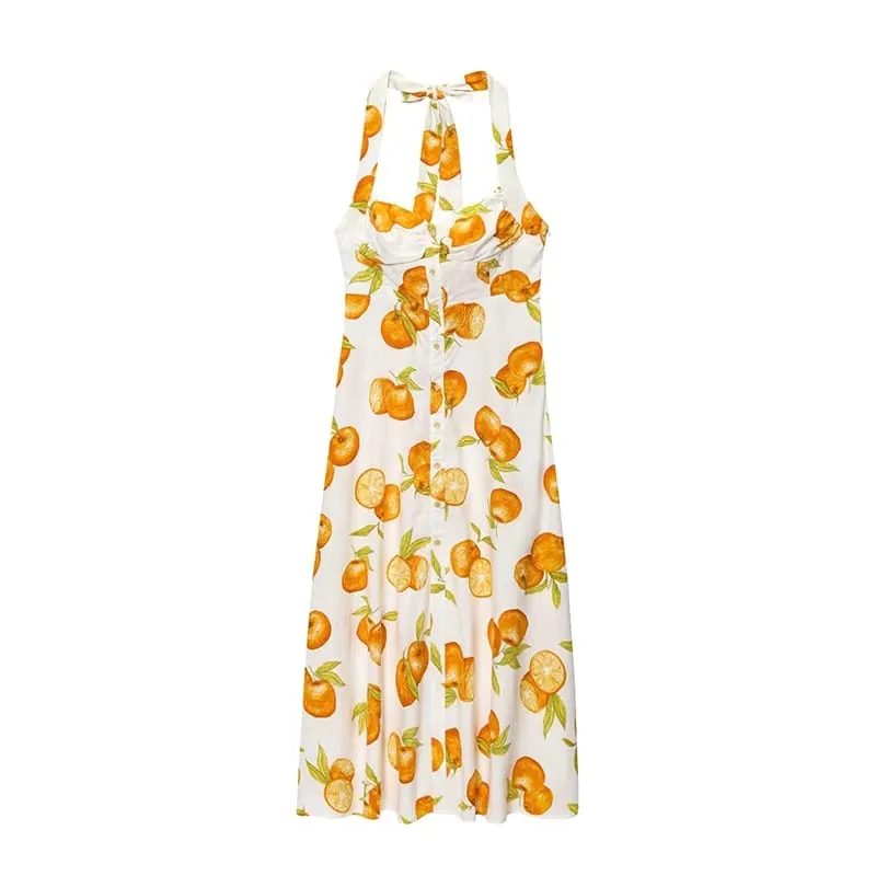 Willshela Women Fashion Printed Single Breasted Side Zipper Backless Midi Dress Vintage Halter Neck Female Chic Dresses