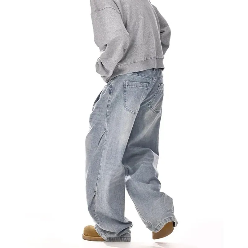 New Korean Retro Men'S Jeans High Street Straight Leg Pants Loose Casual Jeans Fashion Wide Leg Pants
