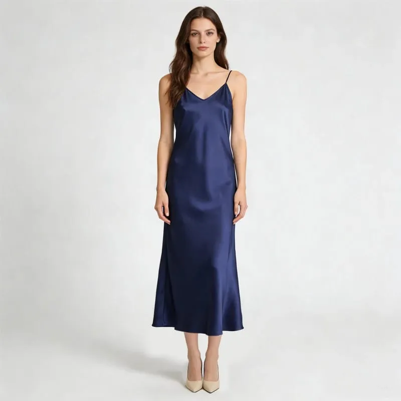 2026 Women's Fashion New 21MM 100% Natural Mulberry Silk Plain Satin Extended French Sexy Adjustable Shoulder Strap Solid Dress