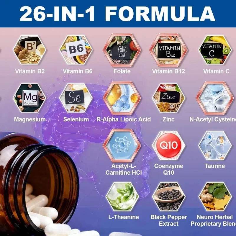 Nourish Nerve Supplement 26-IN-1 Formula Contains Vitamin B Complex R-Alpha Lipoic Acid Support Heart Nerve Brain Health