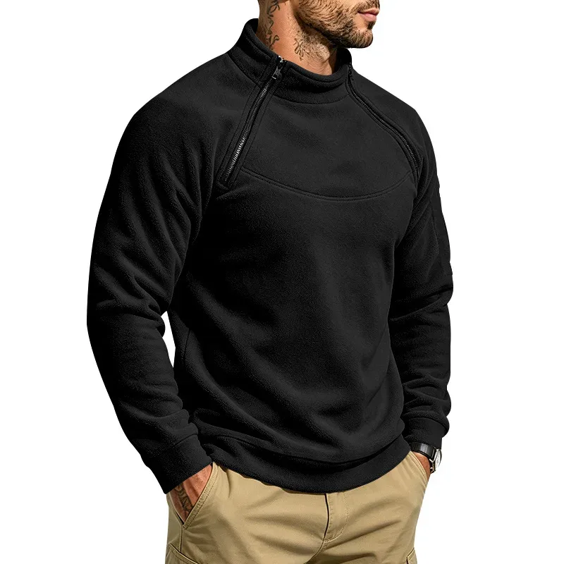 Men Fleece Stand Collar Sweatshirt Diagonal Zipper Arm Pocket Long Sleeve Loose Casual Pullover Autumn Winter Outdoor Tops — image 4