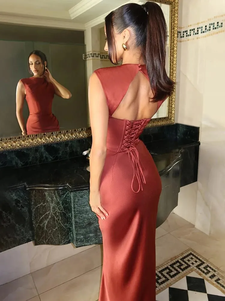 ผู้หญิงแฟชั่นจีบHalterชุดเอวCinchingแขนกุดBacklessแยกชุดMaxi 2026 เซ็กซี่ฤดูร้อนLady Party Gowns