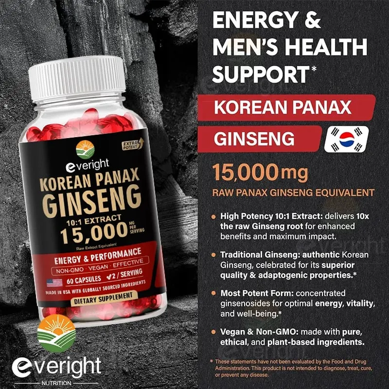Korean Red Ginseng Capsules- 1500mg Natural High Strength for Men Vitality Energy Performance Focus Immune Health
