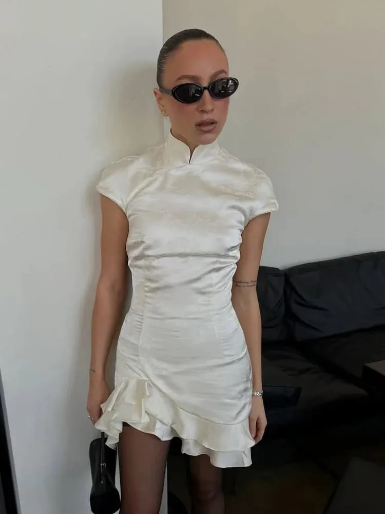 Elegant Satin Irregular Ruffle Hem Mini Dress Women Solid Stand Collar Short Sleeve Slim Dressess 2026 Lady Party Evening Gown
