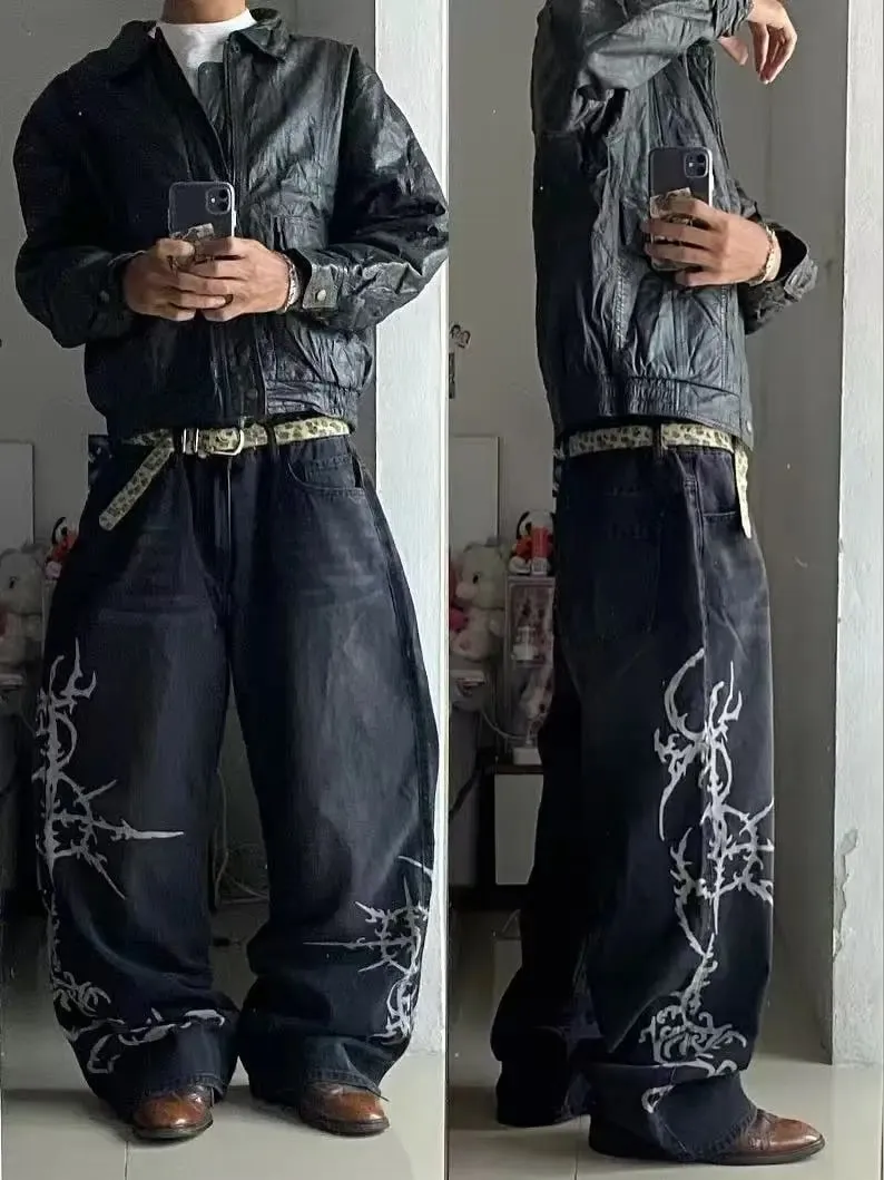 Y2K Vintage Gothic High Street Denim Black Wash Gradient Spine Spider Lily Print Wide Leg Jeans