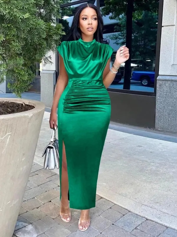 2026 Summer New Women's Color Ding Long Dress Solid Color Dress Split High Waist Temperament Bag Hip Commuter Dress