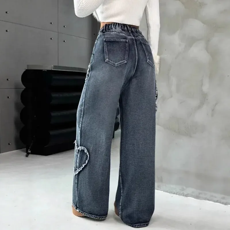 American Retro Frayed Edge Patchwork Heavy Washed Denim Jeans Unisex Street Loose Straight Wide-Leg Trousers 21095