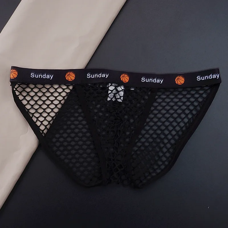 2PCS Basketball Letters Print Low Waist Men Sexy Transparent Nylon Briefs Male Large Mesh Fishnet Underwear for Sports