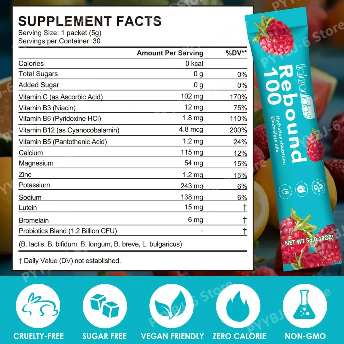 HolmanLabs Rebound 100 Electrolyte Supplement Powder Sugar Free Hydration Gut Vision Muscle Health Vitamins C B6 B12 30 Packets