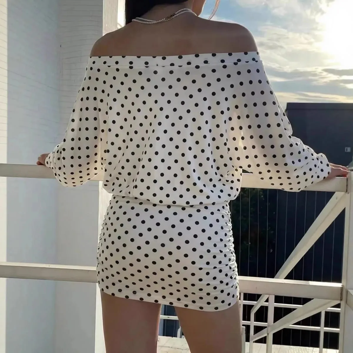 Polka Dot Off Shoulder Mini Dress Batwing Long Sleeve Drawstring Ruched Bodycon Short Dresses