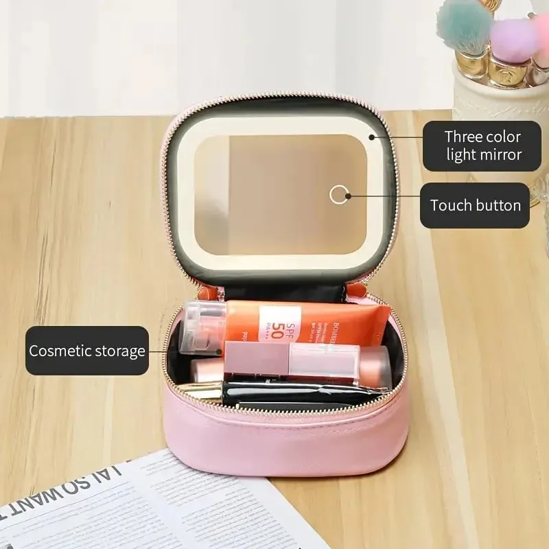 Portable Comestic Tools Storage Bag with LED Mirror Small Makeup Bag with 3 Light Modes Orangizer for Brushes and Lipstick