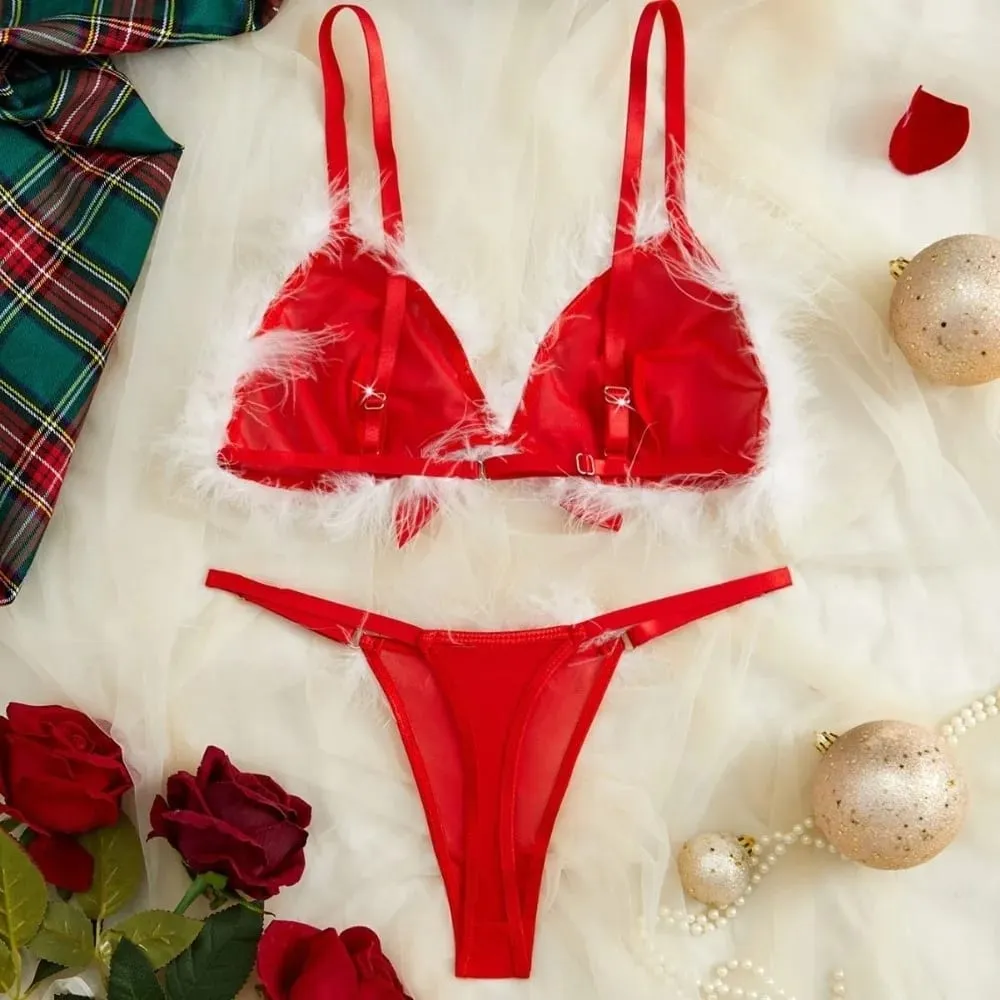 Sweet Furry Women's Underwear Mesh Transparent Wireless Lingerie Set Romantic Intimate Bow Decor Bra Panties Suit Christmas