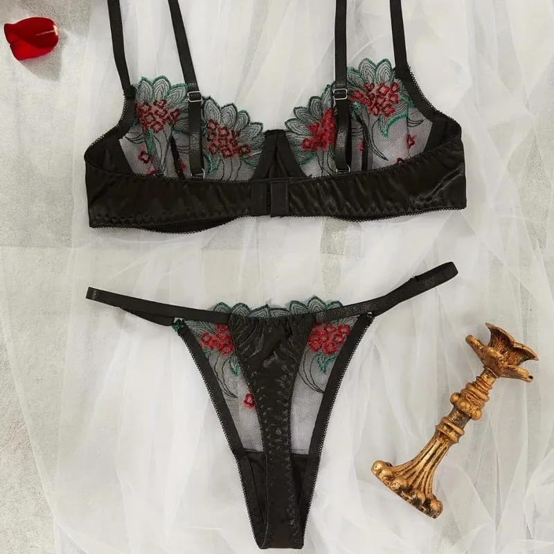 Women's Floral Embroidered Lingerie Set Two-piece Embroidered Bra Set - Black and Red Underwear Set