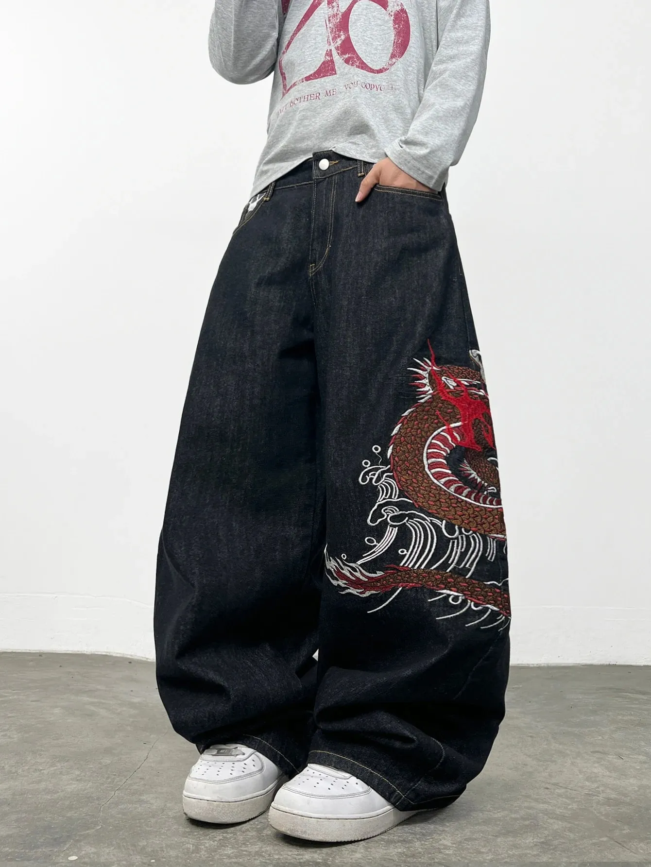 American Retro Dragon Embroidery Design Black Men's Loose Jeans Y2K Street Hip-Hop Trendy Versatile Wide-Leg Pants