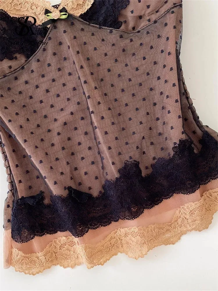 Polka Dot Mesh Lace Top French V Neck Shirred Stretchy Slim Backless Female Tank Top Summer Y2K Sensual Lazy Camisole