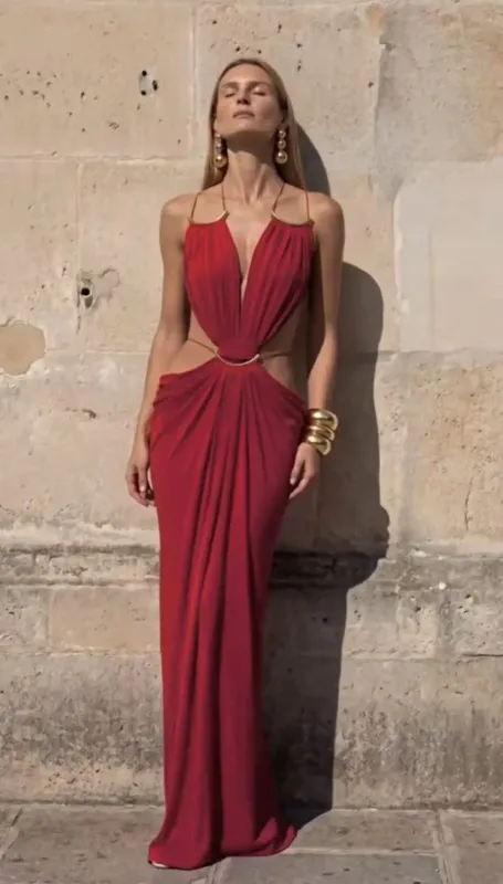 Solid Color Spaghetti Strap Sleeveless Maxi Gown Women Sexy Deep V Cutout Waist Ruched Evening Dress Summer Elegant Party Wear