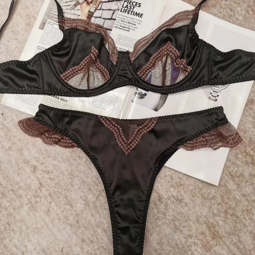 Women Lingerie Bra Mesh Satin Lace Splicing Ultra Thin Minimizer Anti Sag Breathable Daily Brassiere Size 32‑38 Suit — image 6