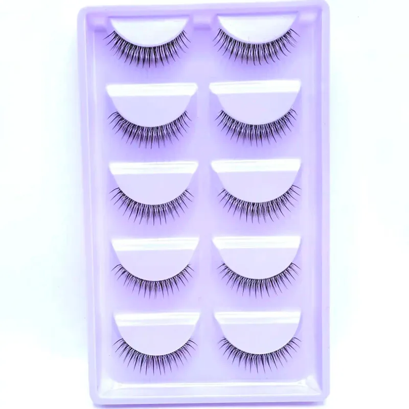 Amélioration des yeux doux et naturel 5 paires de faux cils tige transparente cils à bande naturelle douce