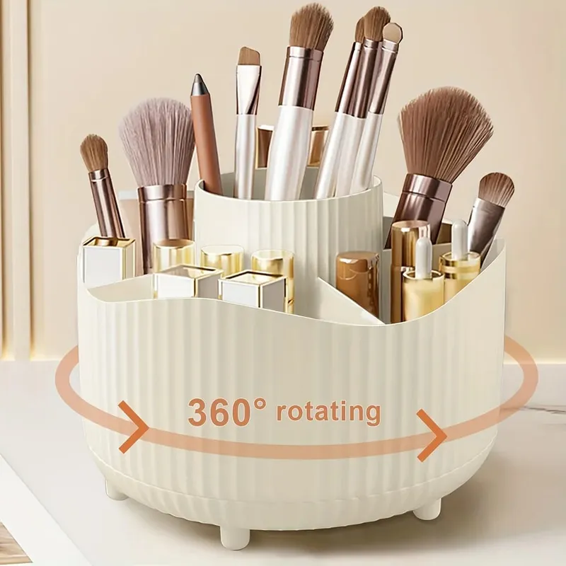 360-Degree Rotating Makeup Organizer 5 Slot Plastic Cosmetic Storage Elegant Stripe Versatile Holder for Brushes Office Supplies
