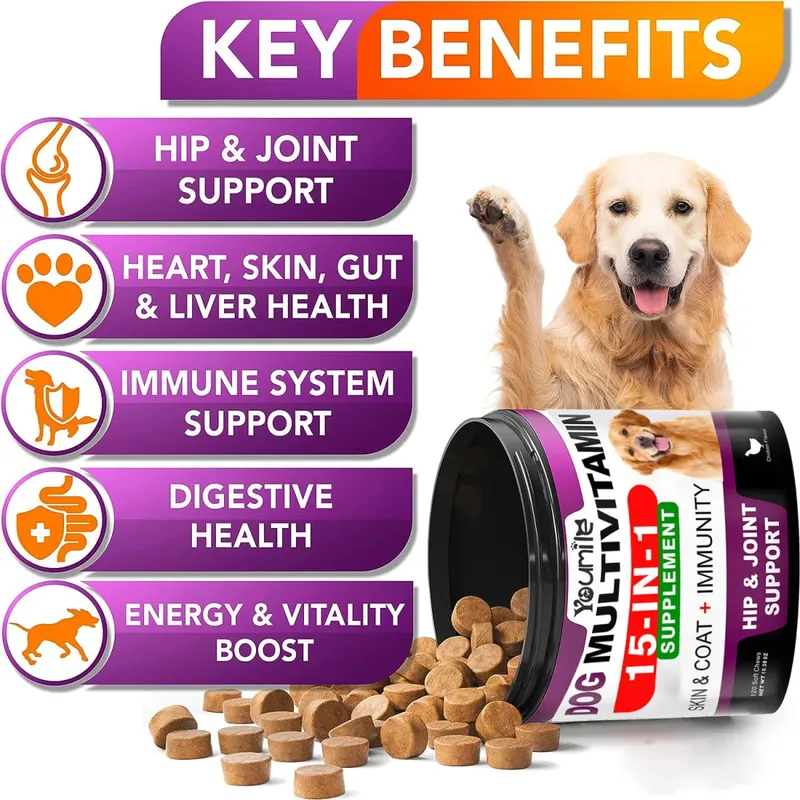 Suplemen Multivitamin Anjing Kanan & Anak Anjing Multi Vitamin Perisa Ayam Kunyah untuk Kekebalan Sendi Haiwan Kebolehgerakan Tenaga Kulit Usus