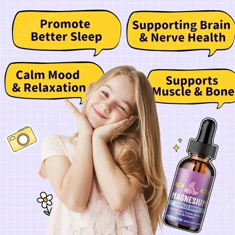 Kids Magnesium Glycinate Liquid Drops with L-theanine Omega-3 Vitamin B6 D3 for Sleep Relaxation 2 Fl Oz Strawberry Flavor