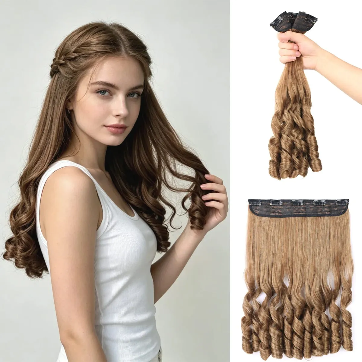 Synthetic Clip in One Piece Hair Extensions 5 Clips in one piece false hair 16inch French curl Style for women girls Daily Party