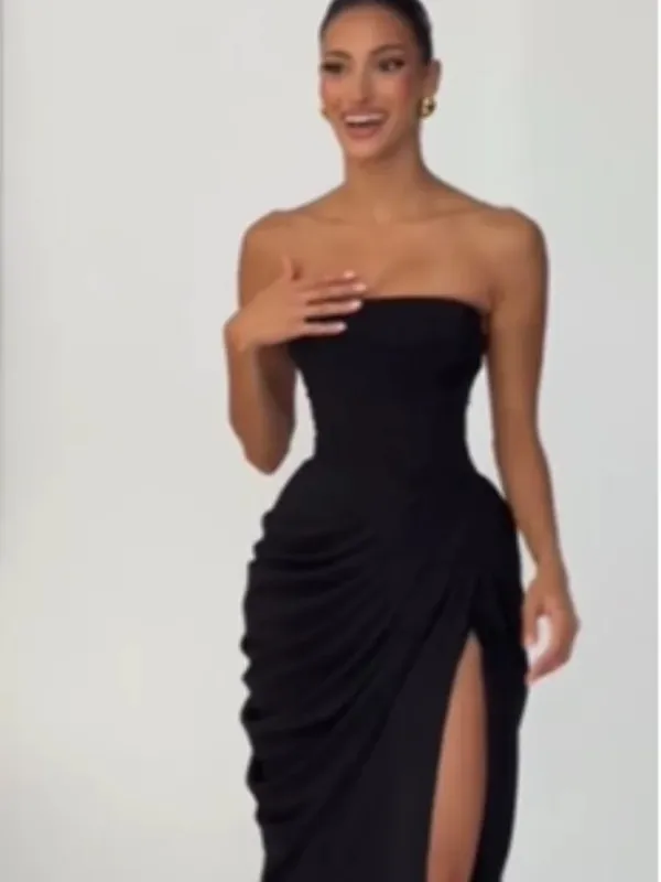 Sexy Solid Pleated Halter Dress Women Fashion Sleeveless Backless Waist-cinching Split Maxi Dresses 2026 Summer Lady Party Gowns