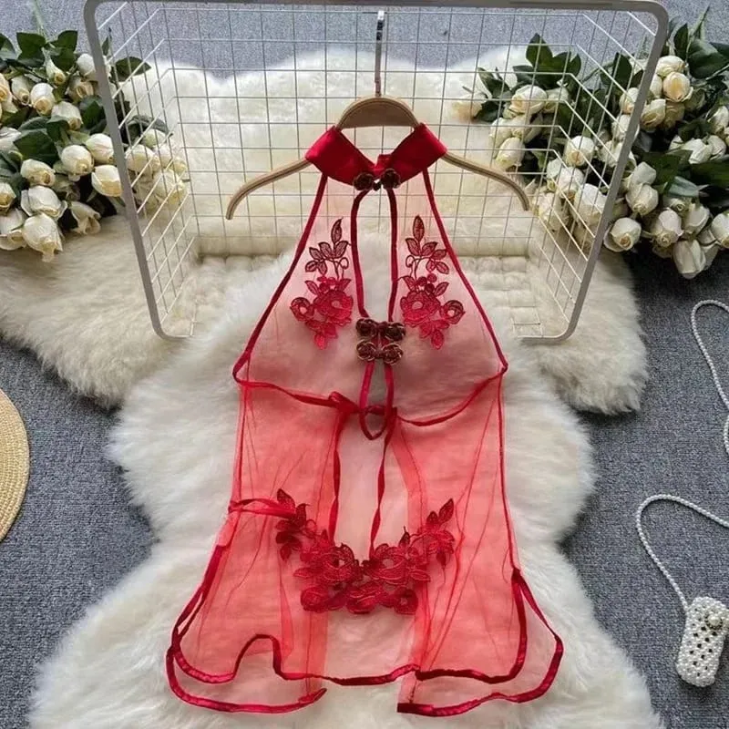 Women Sensual Lace Dress Women V-Neck Open crotch Slim Comfortable Dress Fashion Breathable Sheer Mesh Short Dress New