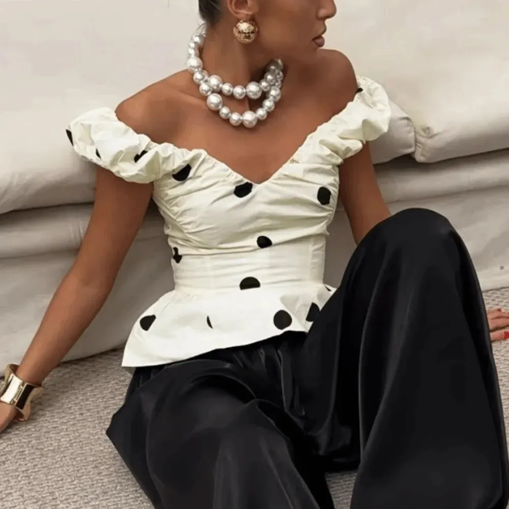 Slim Deep V Neck Polka Dot Tank Top Off-shoulder Ruffled Sleeveless Silk Vest Backless Lace Camis Female