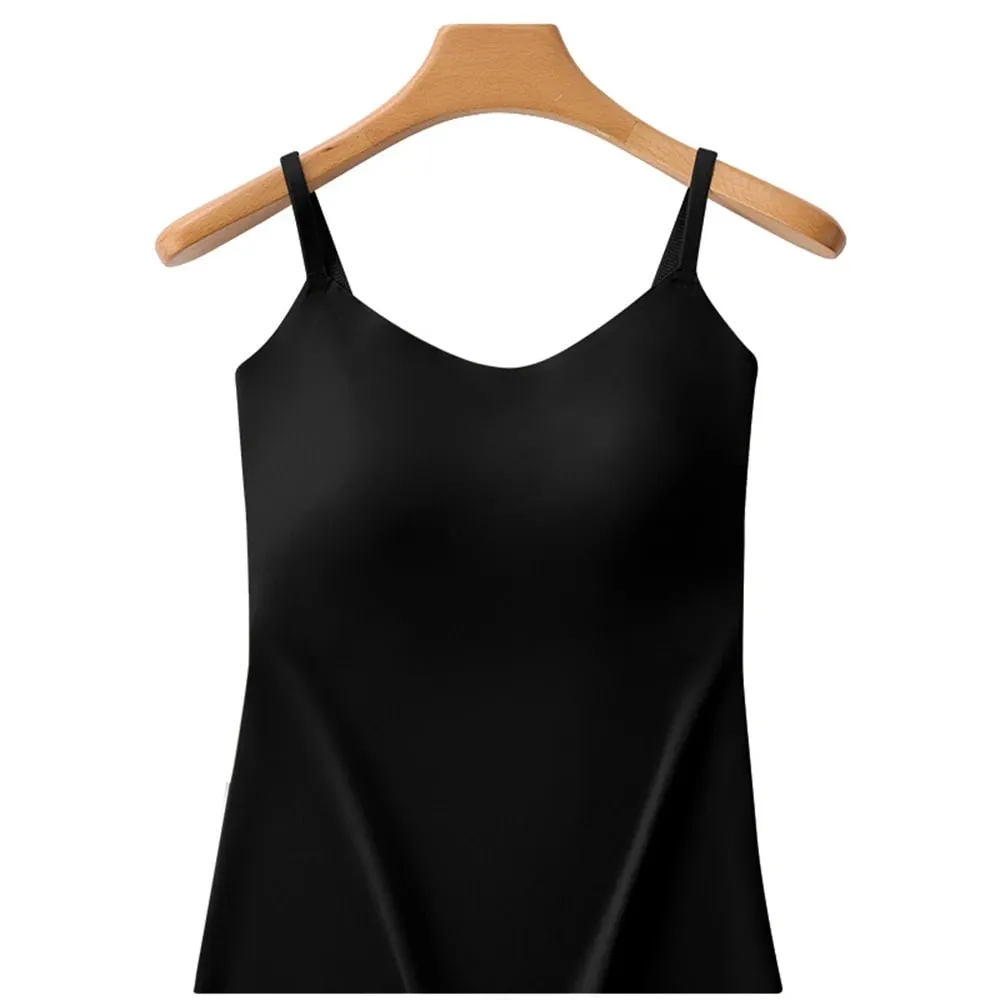 Fashion V-Neck Ice Silk Seamless One-piece Bottoming Tank Tops With Chest Pads Women Inner Top Beautiful Back Sling Long Vest