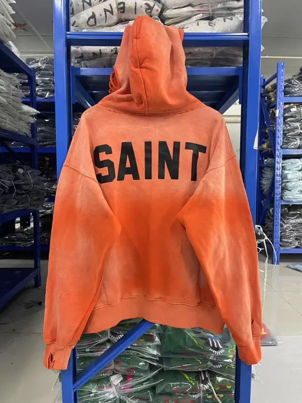 26FW SAINT x Ber B J Co-brand Big Logo Printed Women Men Washed Hooded Sweatshirt Hoodies Vintage Distressed Men Casual Hoodie