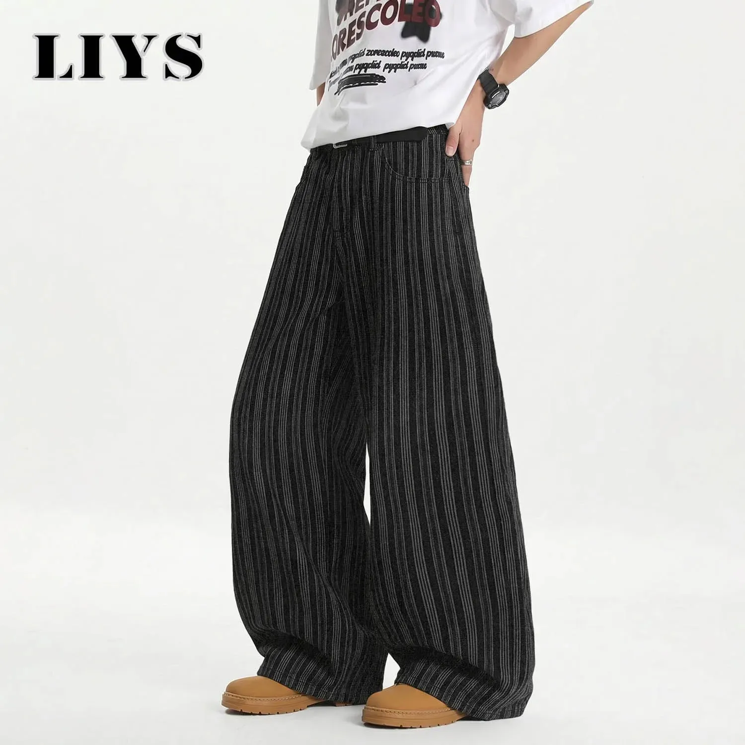 Men's Retro Vertical Stripe Jacquard Baggy Wide Leg Jeans Washed Denim Trousers Y2K Skater Hip Hop Streetwear Daily Casual — image 5