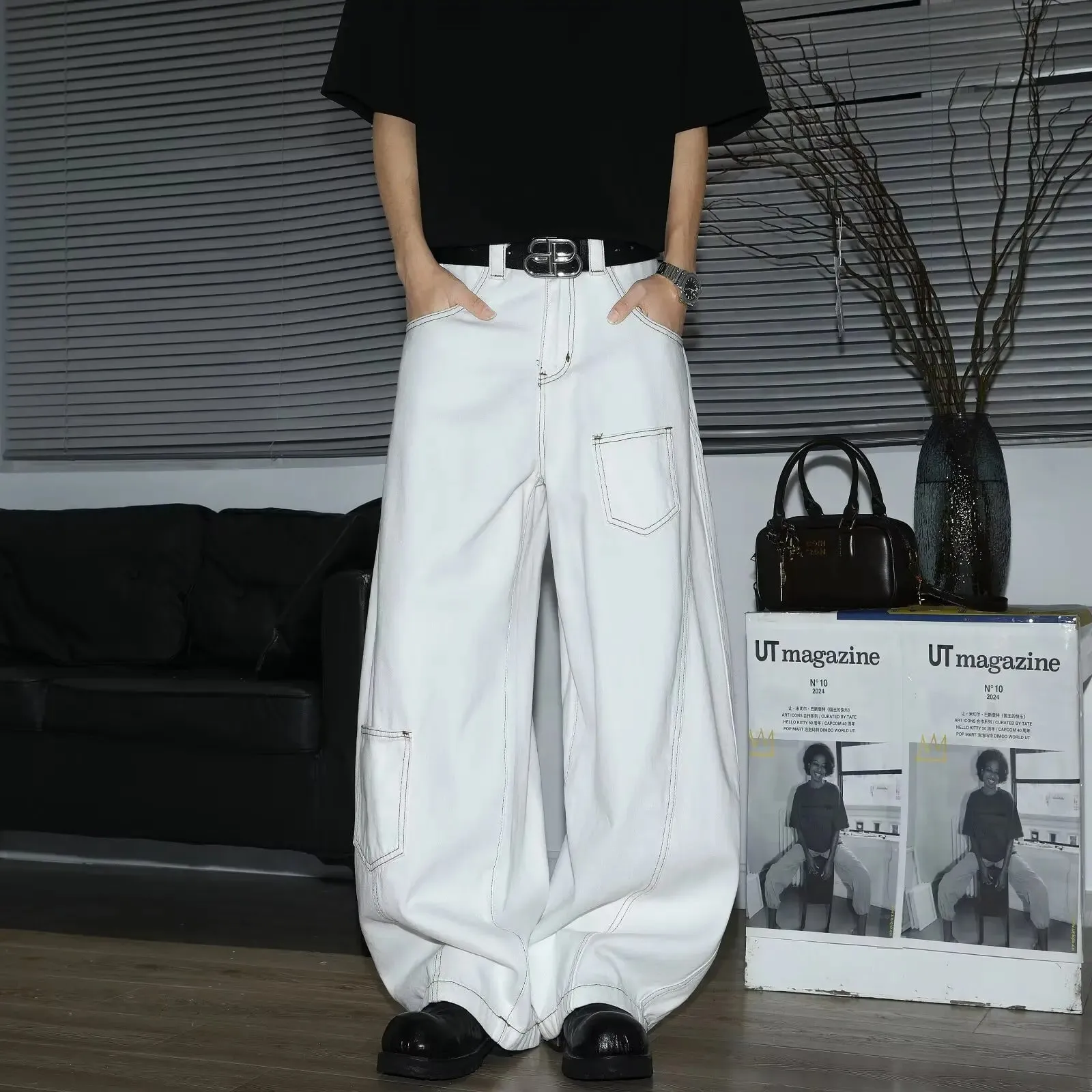 Y2K Men's Jeans White High-Waisted Wide-Leg Denim Pants Retro Baggy Style Fashion Loose Fit Casual Denim Trousers Streetwear — image 4