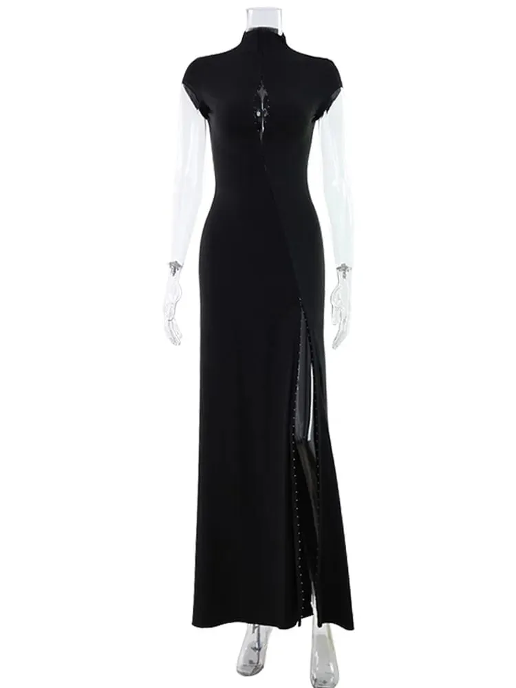 Short Sleeve O Neck Women Dresses Split Metal Buckle Solid Sheath Sexy Club Fashion Evening Party Outfits Female Bodycon