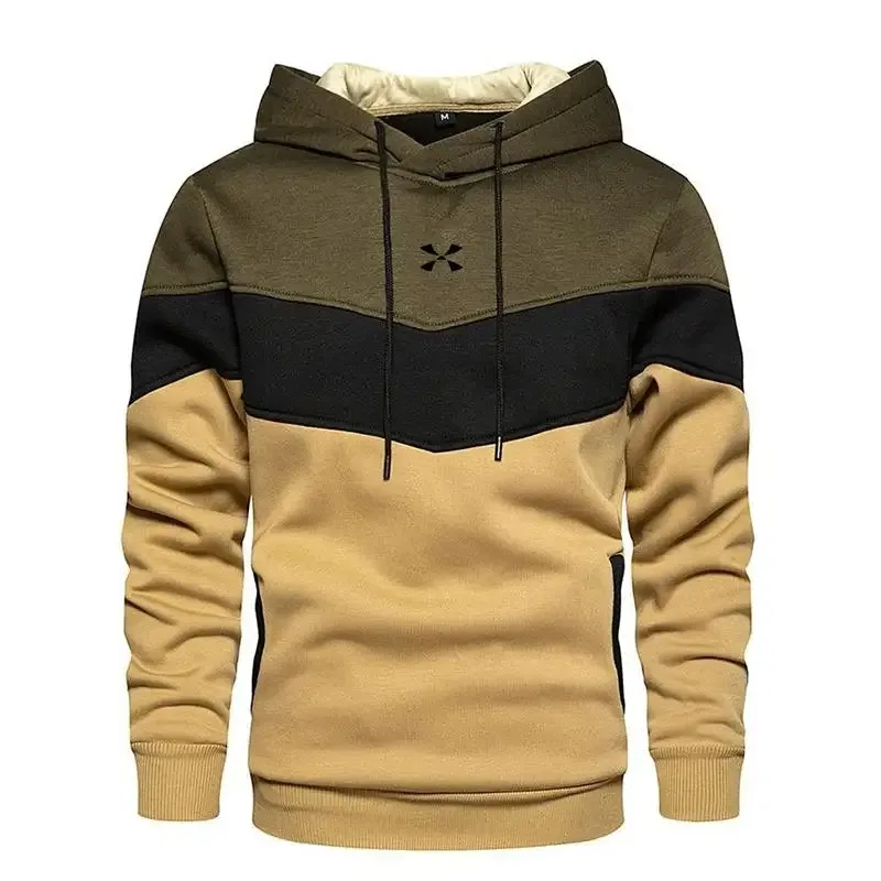 Men's Patchwork Hooded Sweatshirt Hoodies Clothing Casual Loose Fleece Warm Streetwear Male Fashion Autumn Winter Sports Outwear