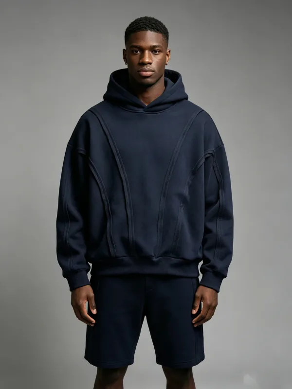Striped solidcolor mens hooded sweatshirt with fleece forwarmth. Fashionable street casual loosefitting casual sweater with hood
