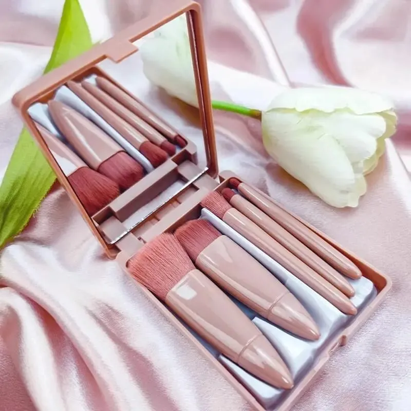 5Pcs Travel Makeup Brush Set Built-in Mirror Soft Fiber Portable Brushes Face Eye Lip Blending Daily Makeup Tools — image 3