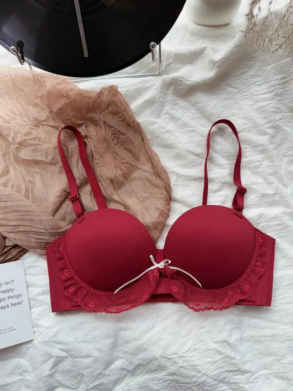 Red Half-Cup Lace Bra Set for Small Chests Adjustable Support Anti-Sagging Push Up Sexy Lingerie Set Women Birthday Gift