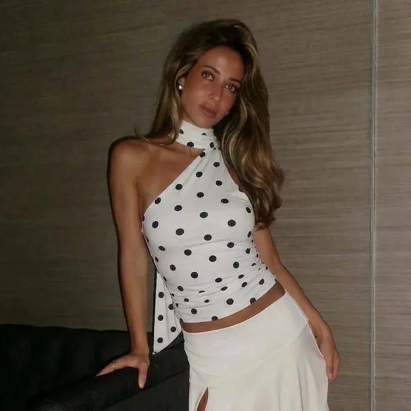 Women Spring Summer Polka Dot Tube Top Double Layer Scarf Collar Tie Back Slim Bandeau Top — image 5
